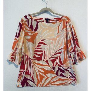 Ann Taylor Top Womens Large Red Tropical Print Mixed Media Puff Sleeve Ruffle